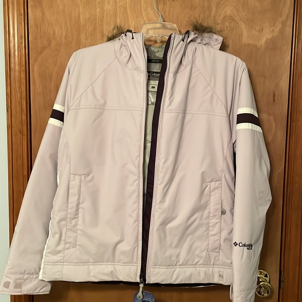 Hooded warm winter jacket with removable fur trim on hood